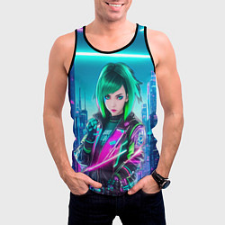 Майка-безрукавка мужская Девушка с зелеными волосами киберпанк, цвет: 3D-черный — фото 2