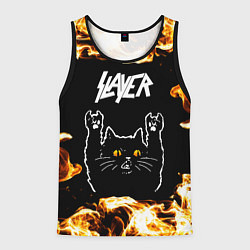 Майка-безрукавка мужская Slayer рок кот и огонь, цвет: 3D-черный