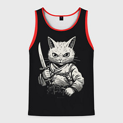 Майка-безрукавка мужская Черно-белый кот самурай, цвет: 3D-красный
