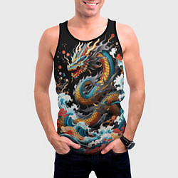 Майка-безрукавка мужская Дракон на волнах в японском стиле арт, цвет: 3D-черный — фото 2