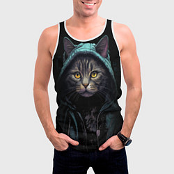Майка-безрукавка мужская Кот в капюшоне стиль киберпанк, цвет: 3D-белый — фото 2