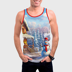 Майка-безрукавка мужская Новогодняя деревня и снеговик, цвет: 3D-красный — фото 2
