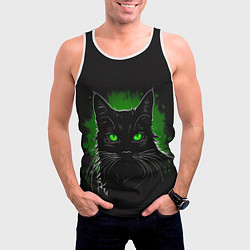 Майка-безрукавка мужская Портрет черного кота в зеленом свечении, цвет: 3D-белый — фото 2