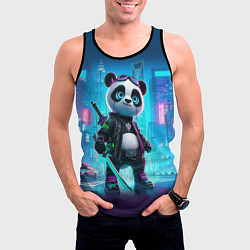 Майка-безрукавка мужская Панда кибер самурай в ночном Нью-Йорке, цвет: 3D-черный — фото 2