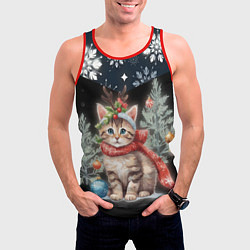 Майка-безрукавка мужская Новогодний котик у ёлок в шарфе горы в снежинках, цвет: 3D-красный — фото 2