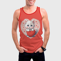 Майка-безрукавка мужская Мультяшный котенок держит красное сердечко, цвет: 3D-красный — фото 2