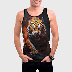 Майка-безрукавка мужская Злой тигр в огне рычит и нападает, цвет: 3D-черный — фото 2
