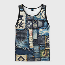 Мужская майка без рукавов Иероглифы на пэчворк дениме