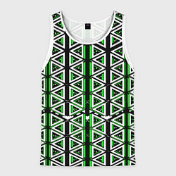 Майка-безрукавка мужская Бело-зелёные треугольники на чёрном фоне, цвет: 3D-белый