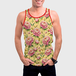 Майка-безрукавка мужская Крупные пионы садовые цветы бутоны паттерн, цвет: 3D-красный — фото 2