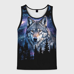 Майка-безрукавка мужская Волк и черный лес - звездная ночь - галактика, цвет: 3D-черный