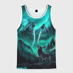 Мужская майка без рукавов Волки воют на луну и северное сияние