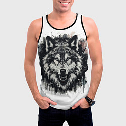 Майка-безрукавка мужская Гранж - Портрет волка: голова, цвет: 3D-черный — фото 2