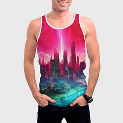 Майка-безрукавка мужская Неоновая гроза в мегаполисе - удар молнии, цвет: 3D-белый — фото 2