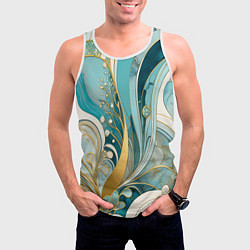 Майка-безрукавка мужская Бирюзовый с белым растительный узор в мягких тонах, цвет: 3D-белый — фото 2