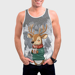 Майка-безрукавка мужская Олень с кофе в лесу, цвет: 3D-белый — фото 2