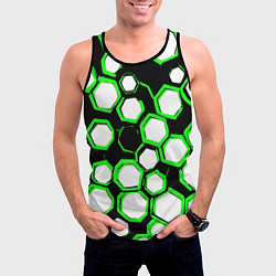 Майка-безрукавка мужская Бело-зелёные шестиугольники на чёрном фоне, цвет: 3D-черный — фото 2