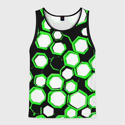 Мужская майка без рукавов Бело-зелёные шестиугольники на чёрном фоне