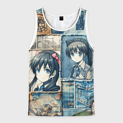 Мужская майка без рукавов Пэчворк деним и аниме
