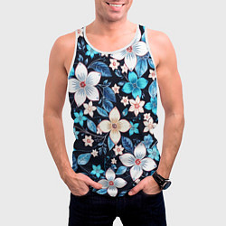 Майка-безрукавка мужская Сине-белые цветы на чёрном фоне, цвет: 3D-белый — фото 2
