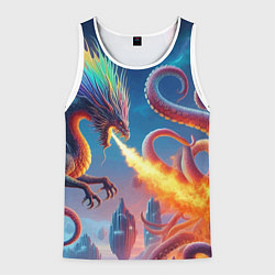 Мужская майка без рукавов Огнедышащий дракон против осьминога - нейроарт фан