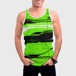 Майка-безрукавка мужская Горизонтальные чёрно-белые линии на зелёном фоне, цвет: 3D-белый — фото 2
