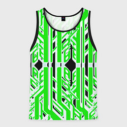 Мужская майка без рукавов Бело-зелёные техно полосы на чёрном фоне