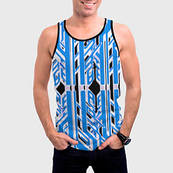 Майка-безрукавка мужская Бело-синие техно полосы на чёрном фоне, цвет: 3D-черный — фото 2