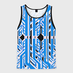 Мужская майка без рукавов Бело-синие техно полосы на чёрном фоне