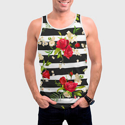 Майка-безрукавка мужская Красные розы на черных полосках, цвет: 3D-белый — фото 2