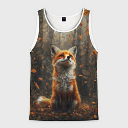 Майка-безрукавка мужская Довольный лис в лесной чаще, цвет: 3D-белый