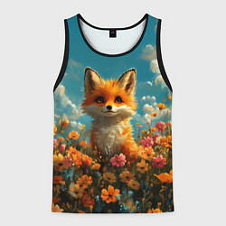 Майка-безрукавка мужская Лисица в цветочном поле, цвет: 3D-черный