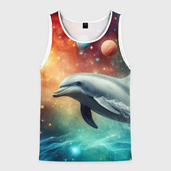 Майка-безрукавка мужская Галактический дельфин - неоновый космос, цвет: 3D-белый