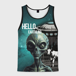 Майка-безрукавка мужская Инопланетянин на фоне космоса и летающей тарелки, цвет: 3D-черный