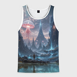 Мужская майка без рукавов Фантастический мир с медузами и озеро у гор