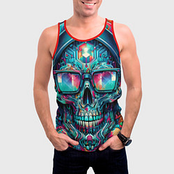 Майка-безрукавка мужская Кибер череп в балахоне и очках - нейроарт фантазия, цвет: 3D-красный — фото 2