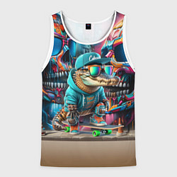 Майка-безрукавка мужская Крокодилёныш крутой скейтбордист - киберпанк, цвет: 3D-белый