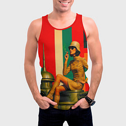 Майка-безрукавка мужская Милитари девушка на оружейной башне ретрофутуризм, цвет: 3D-красный — фото 2