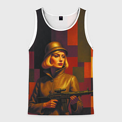 Майка-безрукавка мужская Девушка с автоматом ретрофутуризм поп-арт 1970-е, цвет: 3D-белый