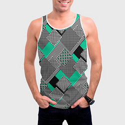 Майка-безрукавка мужская Черно бирюзовая абстрактная геометрия пэчворк, цвет: 3D-белый — фото 2