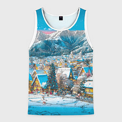 Майка-безрукавка мужская Новогодняя деревушка в горах, цвет: 3D-белый