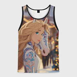 Майка-безрукавка мужская Блондинка с новогодней лошадкой, цвет: 3D-черный