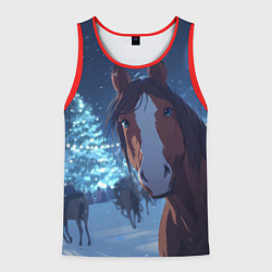 Майка-безрукавка мужская Лошадь на фоне новогодней елки, цвет: 3D-красный