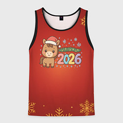 Майка-безрукавка мужская Новогодняя лошадка 2026 на красном фоне, цвет: 3D-черный