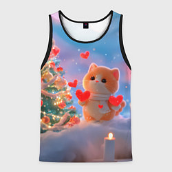 Мужская майка без рукавов Рыжий котенок в сердечках у елочки