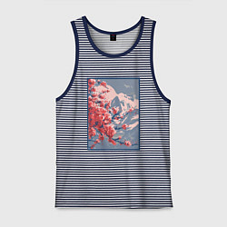 Майка мужская хлопок Цветение Сакуры на фоне Фудзи, цвет: синяя тельняшка