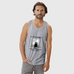 Майка мужская хлопок Кот программист черный шрифт, цвет: меланж — фото 2