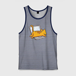 Майка мужская хлопок Котик лежит на ноутбуке, цвет: синяя тельняшка