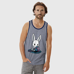 Майка мужская хлопок Зайчонок обнял клубки The bunny hugged the balls, цвет: синяя тельняшка — фото 2