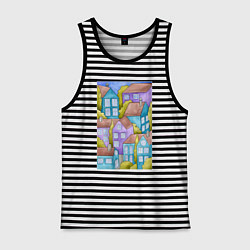 Майка мужская хлопок Пейзаж с домиками, акварель, цвет: черная тельняшка